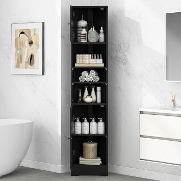 RuiSiSi 66.9 Tall Bathroom Storage Cabinet, Multifunctional Corner Cabinet with 2 Doors and 3 Open Shelves, Wooden Pantry Sideboard with Adjustable Shelves for Bathroom, Dining Room, Hallway, Black