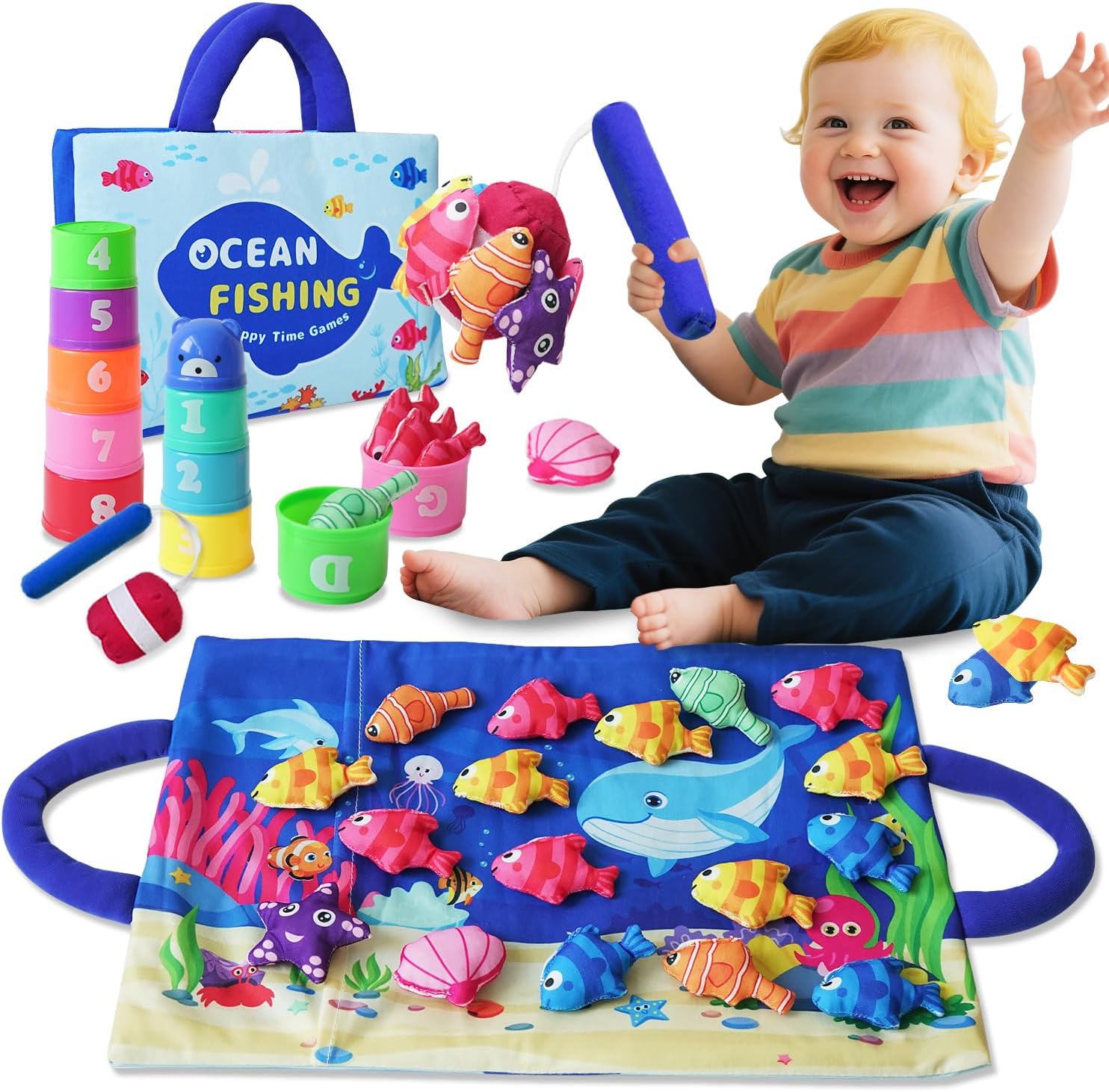 Montessori Toys for Toddlers, 29-Piece Cloth Fishing Game Set with Stacking Cups, Perfect for Toddler Birthday Gifts, Sensory Fishing Toy for Babies, Double Fishing rods