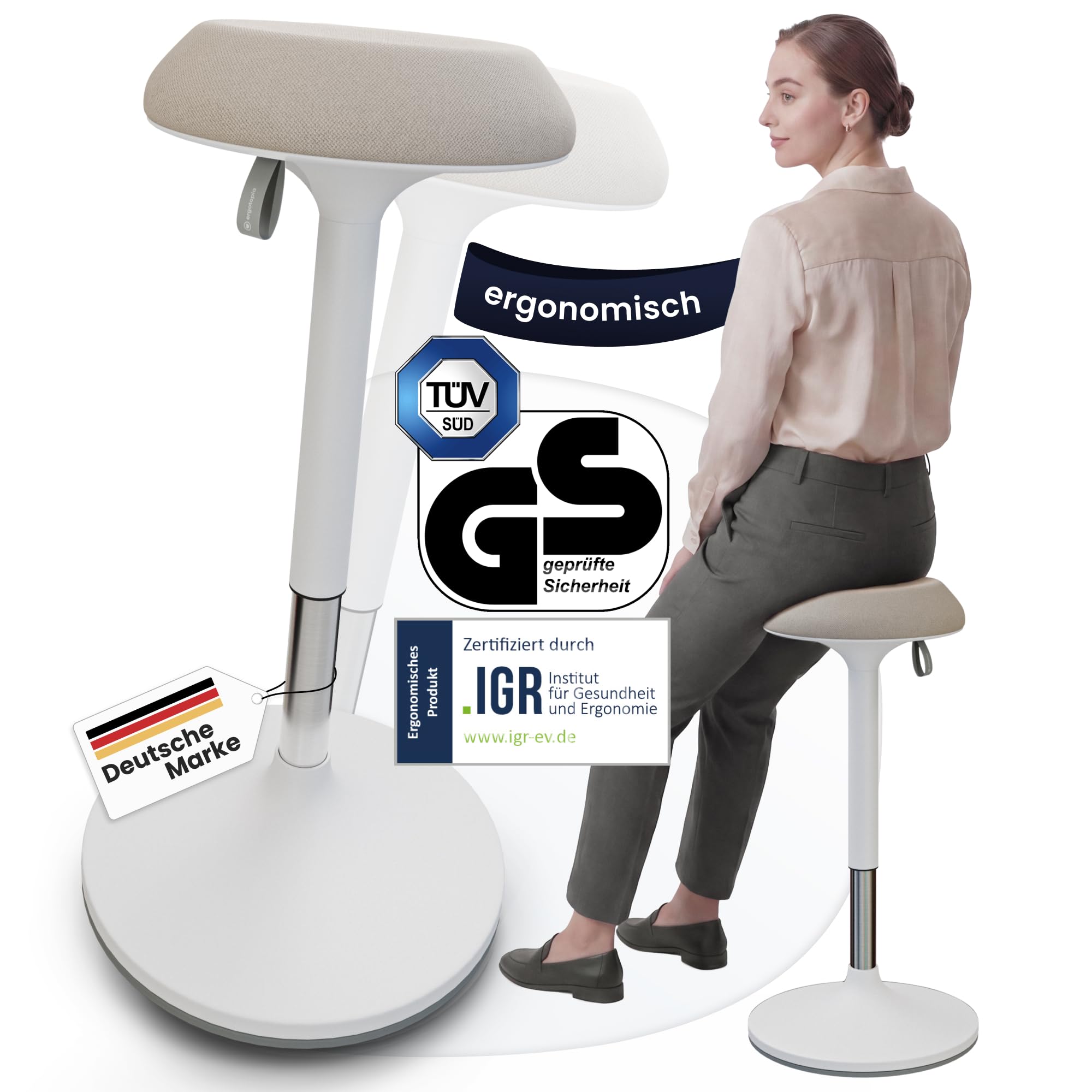 Ergotopia® Dykó ergonomischer Bürohocker - ergonomischer Sitzhocker mit Schwingeffekt - Sitzhöhe höhenverstellbar 56-83 cm - 360° drehbarer ergonomischer Hocker mit dynamischem Standfuß