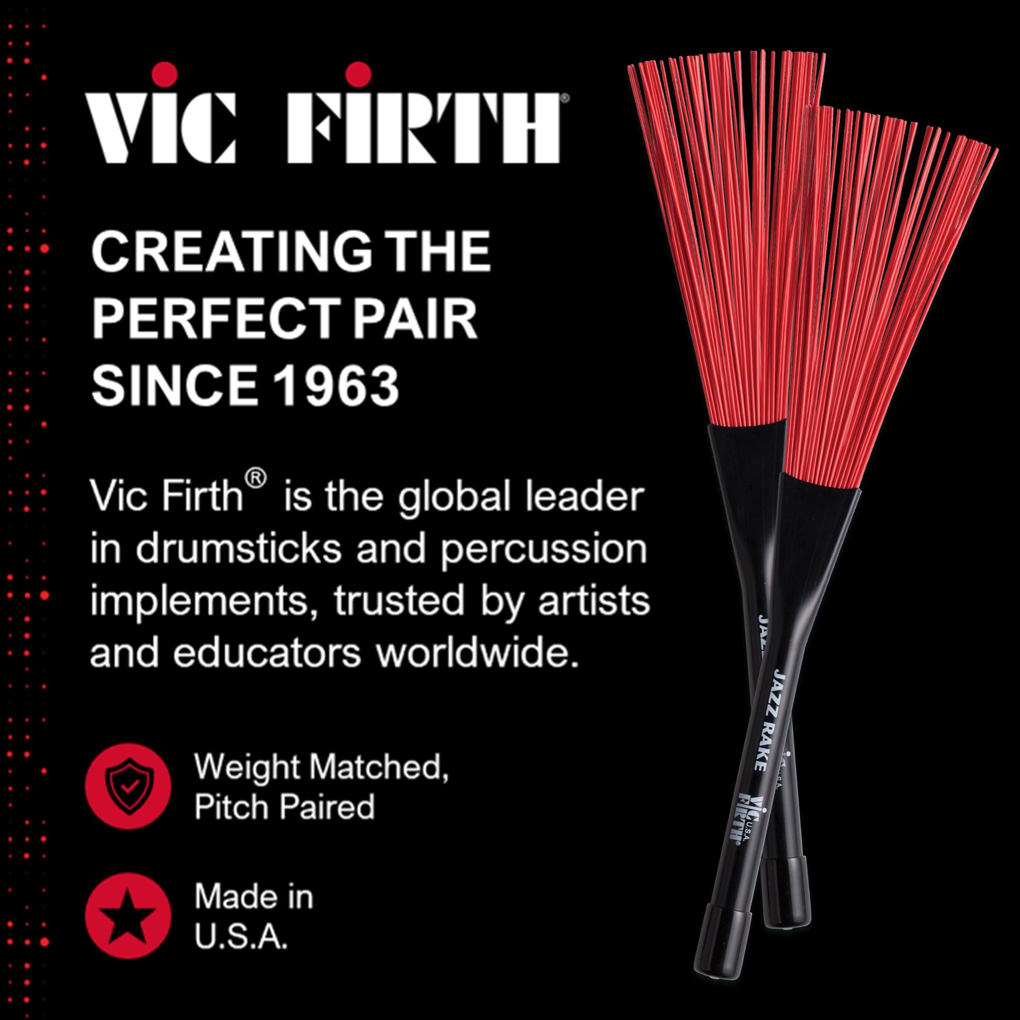 Vic FIrth - Jazz Rake Drum Szczotki - Chowane - Czerwona plastikowa szczotka - Czarny uchwyt