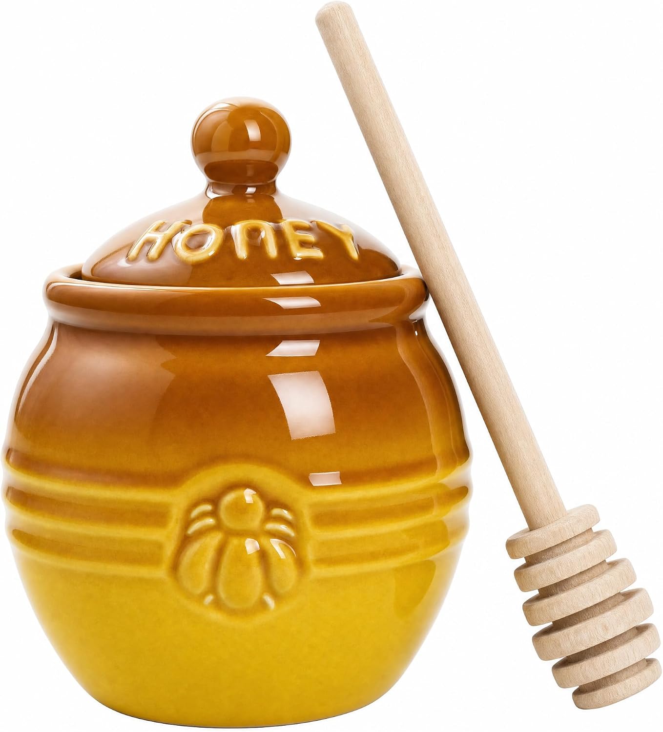 Ceramic Honey Pot, 12oz Honey Jar with Lid | Honey Dispenser for Kitchen Counter, with Dipper for Home & Coffee Bars, Dishwasher Safe, Brown