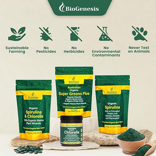 Miniatura 7 de Biogenesis Espirulina orgánica, clorella y minerales de plantas marinas  1000 unidades (200 mg)  Superalimento de algas cultivadas en Australia