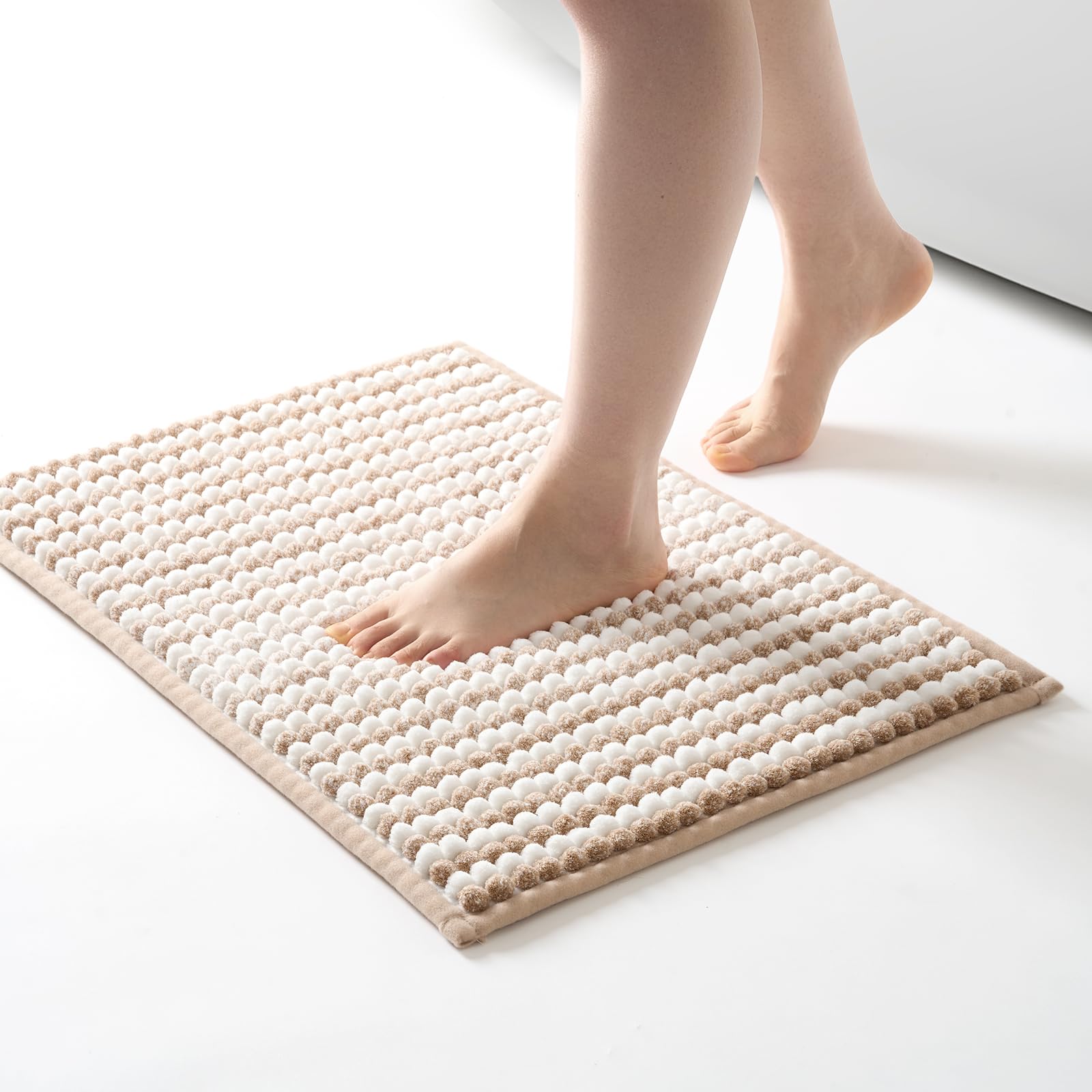 FRESHMINT Chunky Ombre Chenille Bathroom Rug 17"x24", Small Water Absorbent Soft Bath Rugs for Bathroom Floor, Thick Non Slip Bath Mat Washable Quick Dry Shower Mats, Beige and White