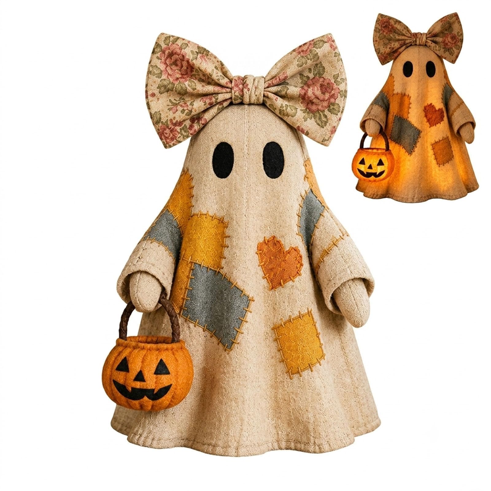 EREYTJ Resin Lighted Vintage Patchwork Ghost Halloween Decor, LED Ghost Tabletop Figurine, Rustic Farmhouse Halloween Decoration, Spooky Cute Fall Shelf Mantel Centerpiece Decor for Home Office