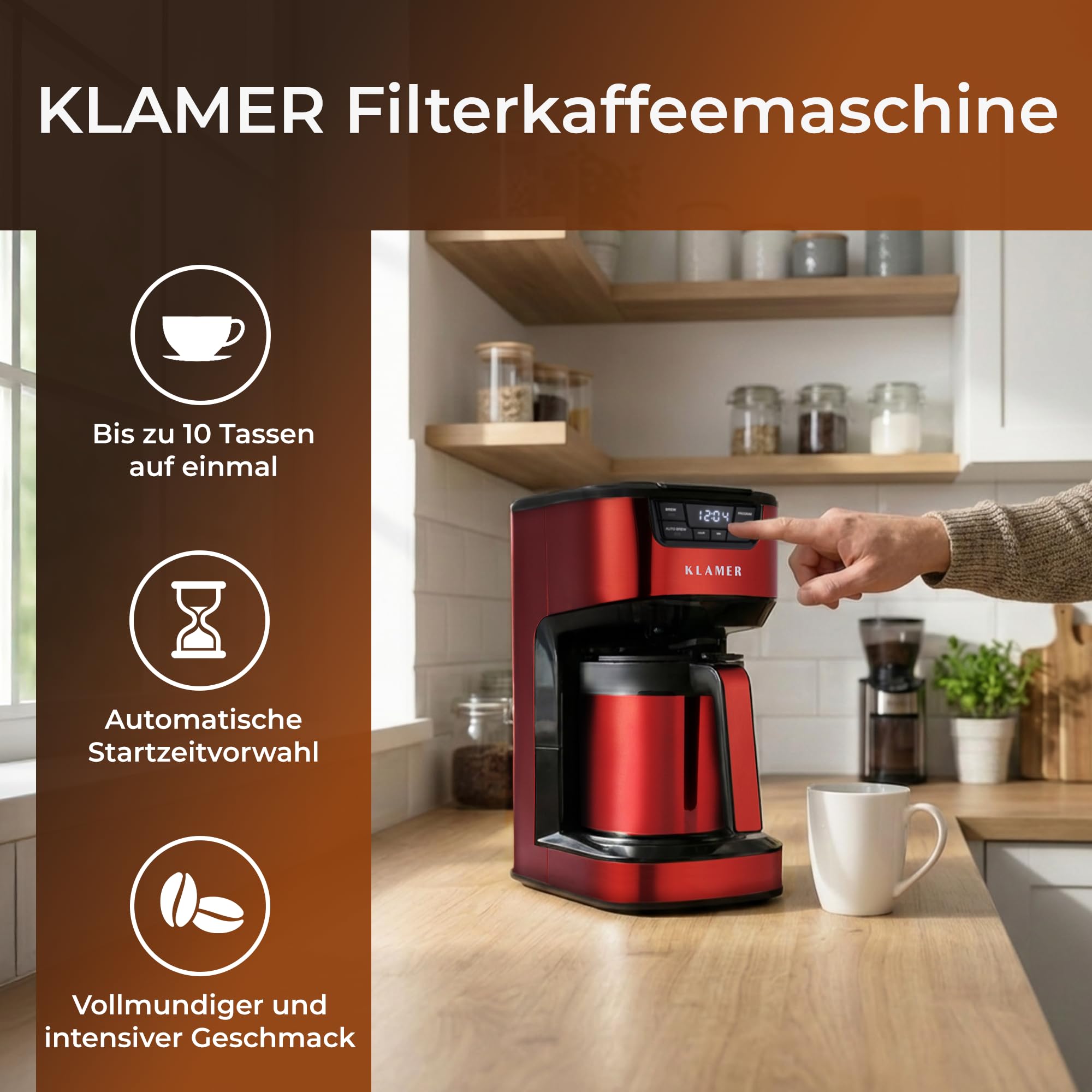 KLAMER Kaffeemaschine mit Startzeitvorwahl, morgens ist der Kaffee fertig | Die doppelwandige Thermoskanne hält den Inhalt warm, mit 1,25 L für bis zu 10 Tassen, Tropf-Stopp und herausnehmbarem Filter