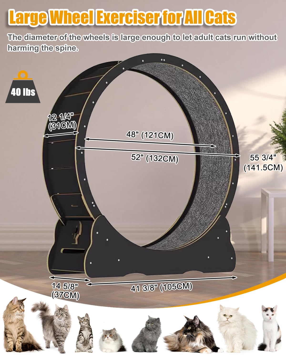 Ruota per Gatti Grandi per Correre 132cm, Tapis Roulant per Gatti in Legno Massello Nero per Interno, Ruota per Esercizi di Sicurezza con Serratura & Design del Gap Ridotto al Minimo