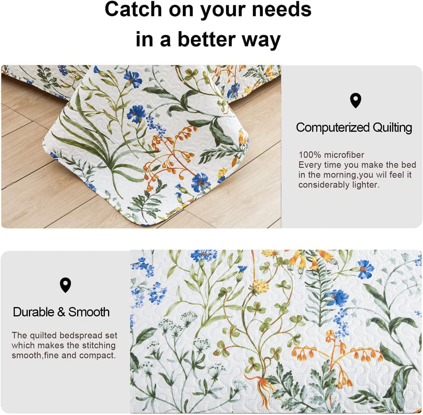 3-Piece Quilt Set King Size Floral Bedding Reversible Bedspread Coverlet Floral Leaves Bedding Summer Lightweight Yellow Green Flower Quilt Soft Microfiber Home Quilt Coverlet Set