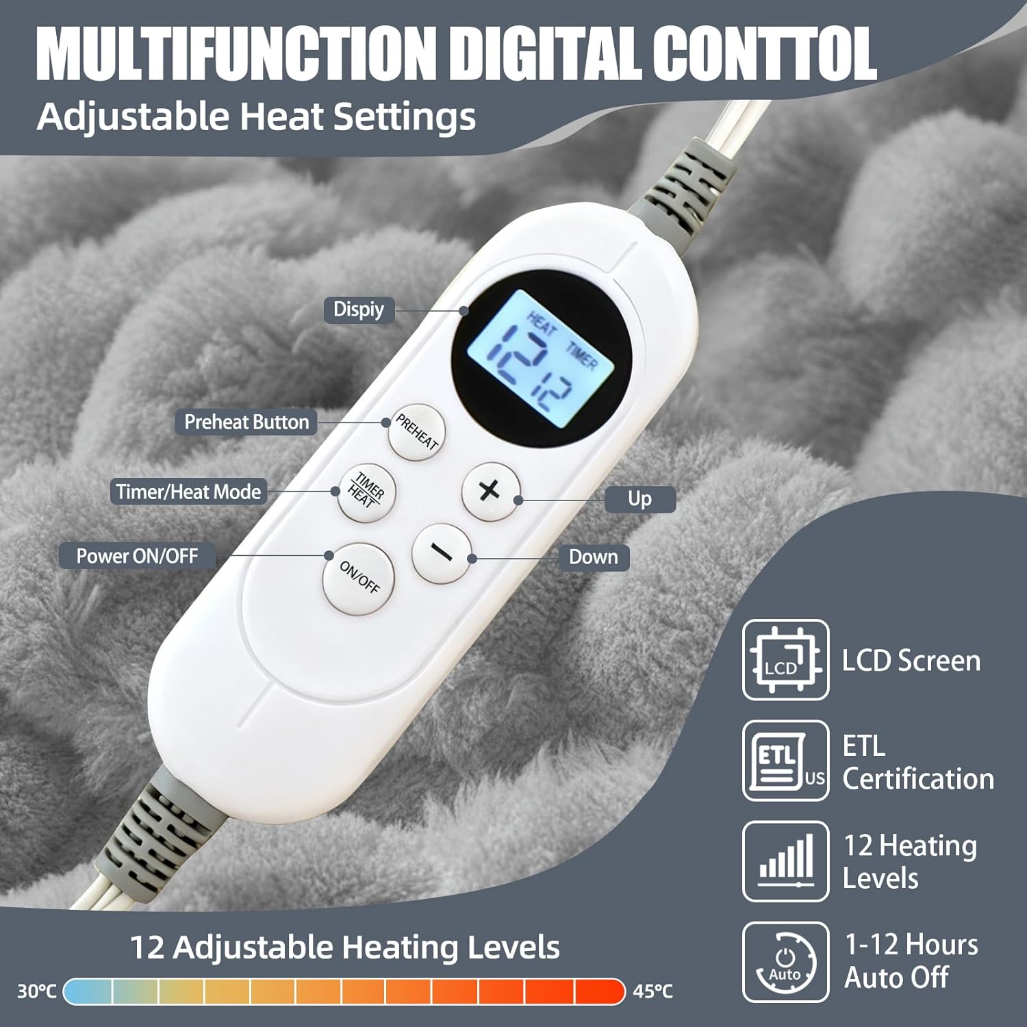 Heated Blanket Throw 50" x 60" Soft Ribbed Faux Fur Flannel Fast Heating 12 Heat Levels 1–12H Timer & Overheat Protection & Auto Shut-Off & ETL FCC & Machine Washable Heated Throw - Image 2