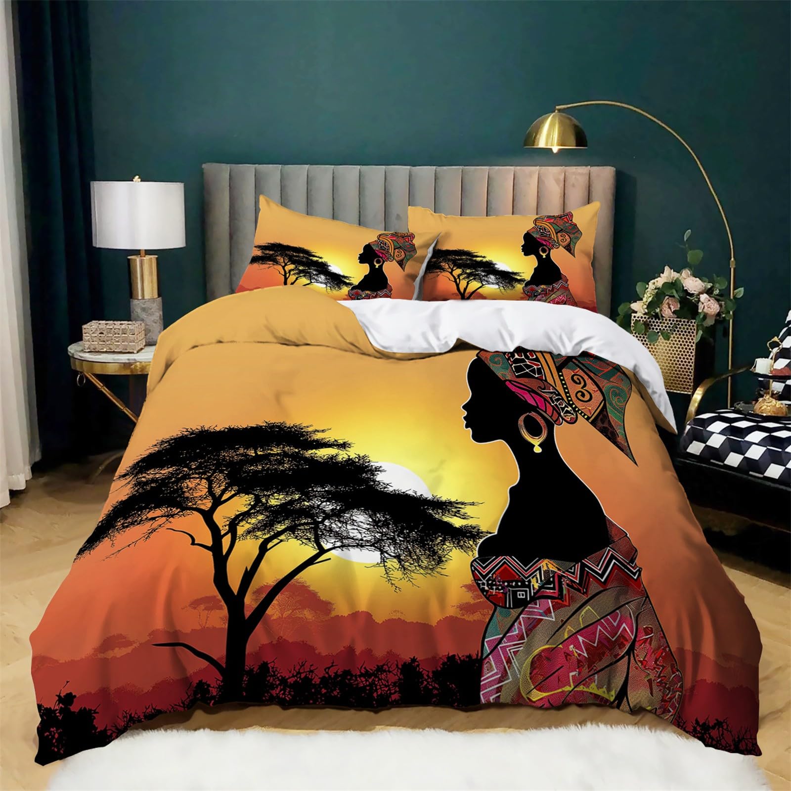 Duvet Cover Set African Woman Sunset And Trees Double Size Bedding Set Modern Decor Non-Iron Comforter Cover with 2 Pillowcases Ultra Soft Microfiber Zipper 3Pcs Children Black African Beauty Bedding
