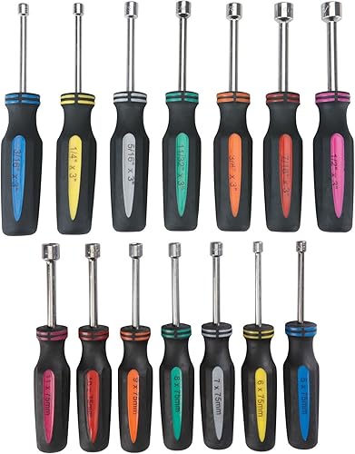 Juego de destornilladores de tuercas automotrices profesionales SAE y métricos, codificados por colores, antideslizantes, agarres de mano TPR y eje