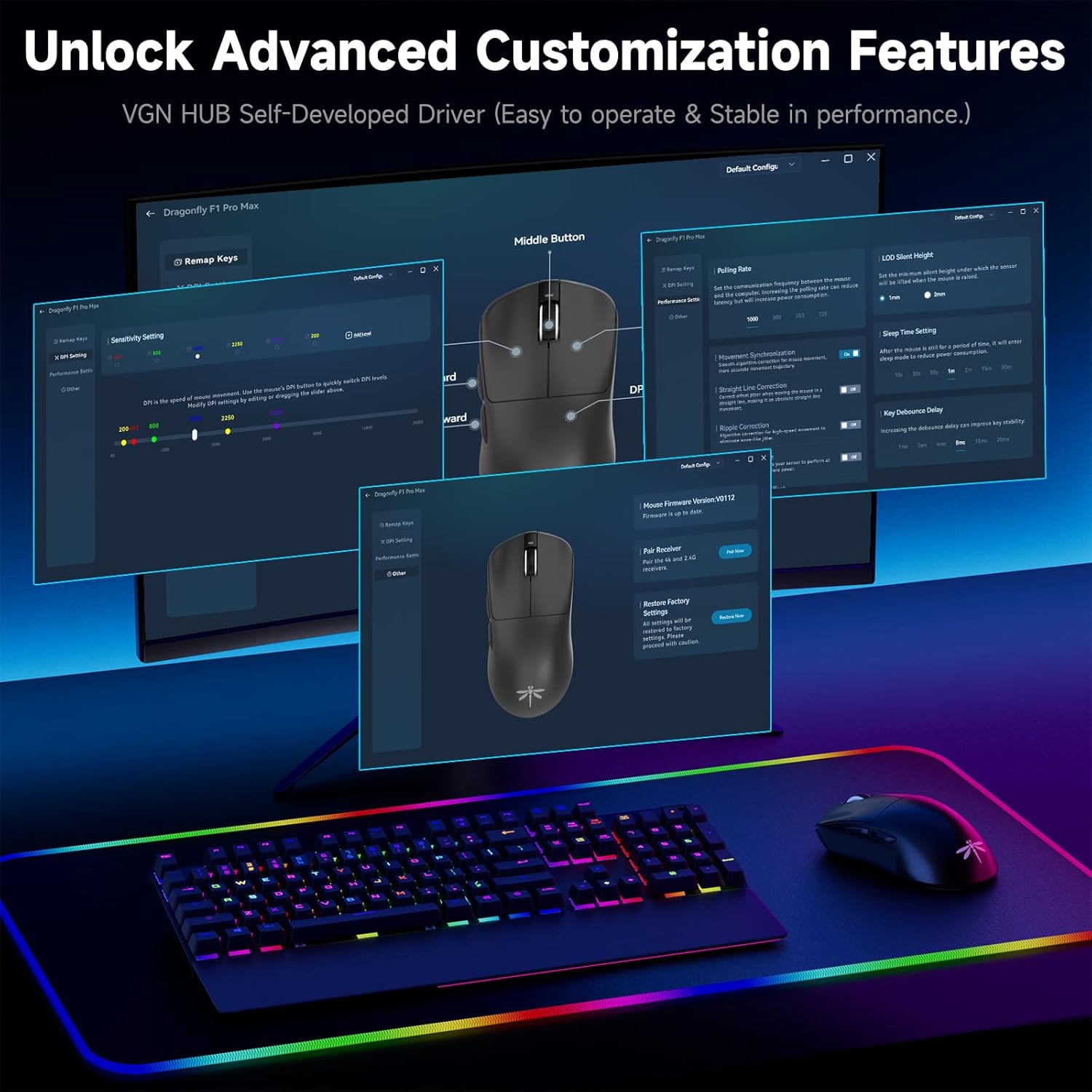 Screenshot of the VGN HUB software interface for customizing the gaming mouse.