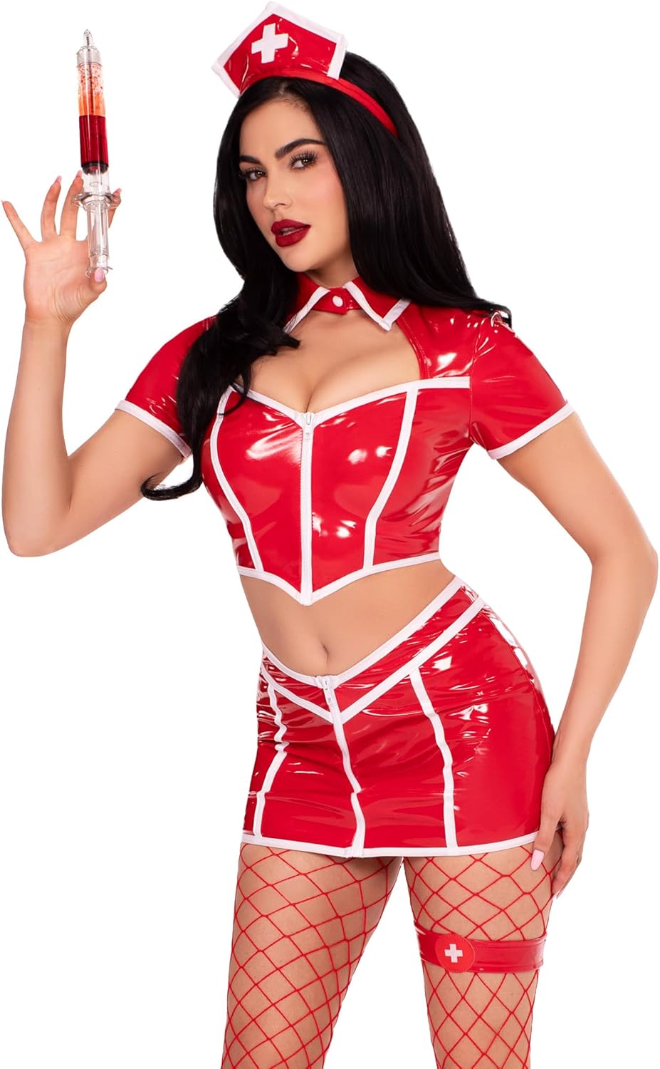 Alert Nurse Costume Sexy Vinyl Crop Top, Mini Skirt, Leg Garter and Nurse Headband Sexy Halloween Costumes for Women