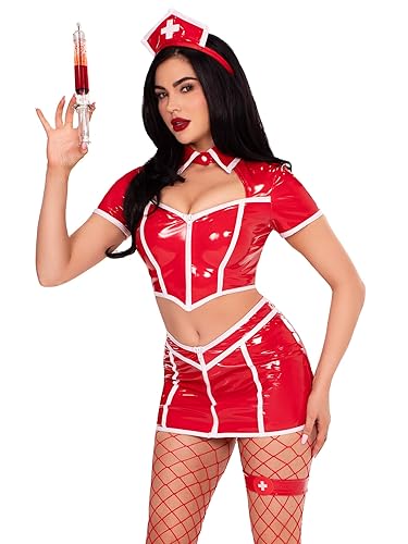 Red Alert Nurse Costume Sexy Vinyl Crop Top, Mini Skirt, Leg Garter and Nurse Headband Sexy Halloween Costumes for Women - Medium