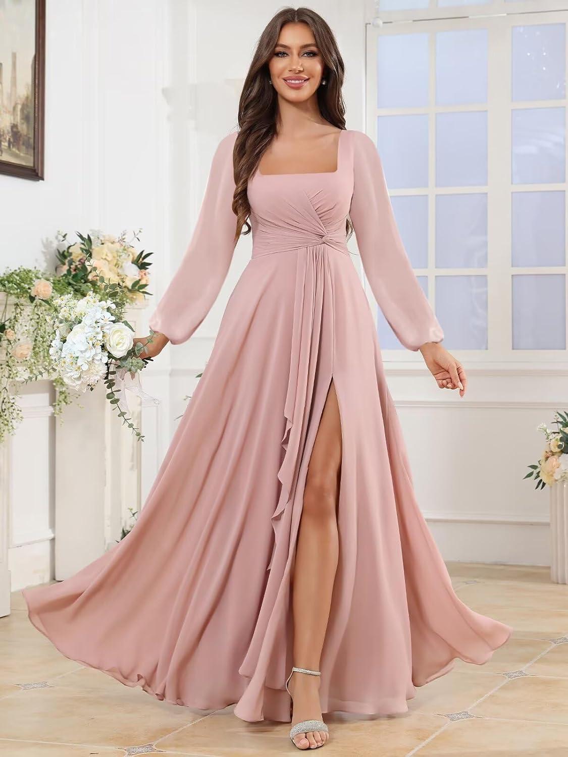 Long Sleeves Chiffon Bridesmaid Dresses for Women Square Neck A-Line Ruched Formal Gowns with Slit - Image 4