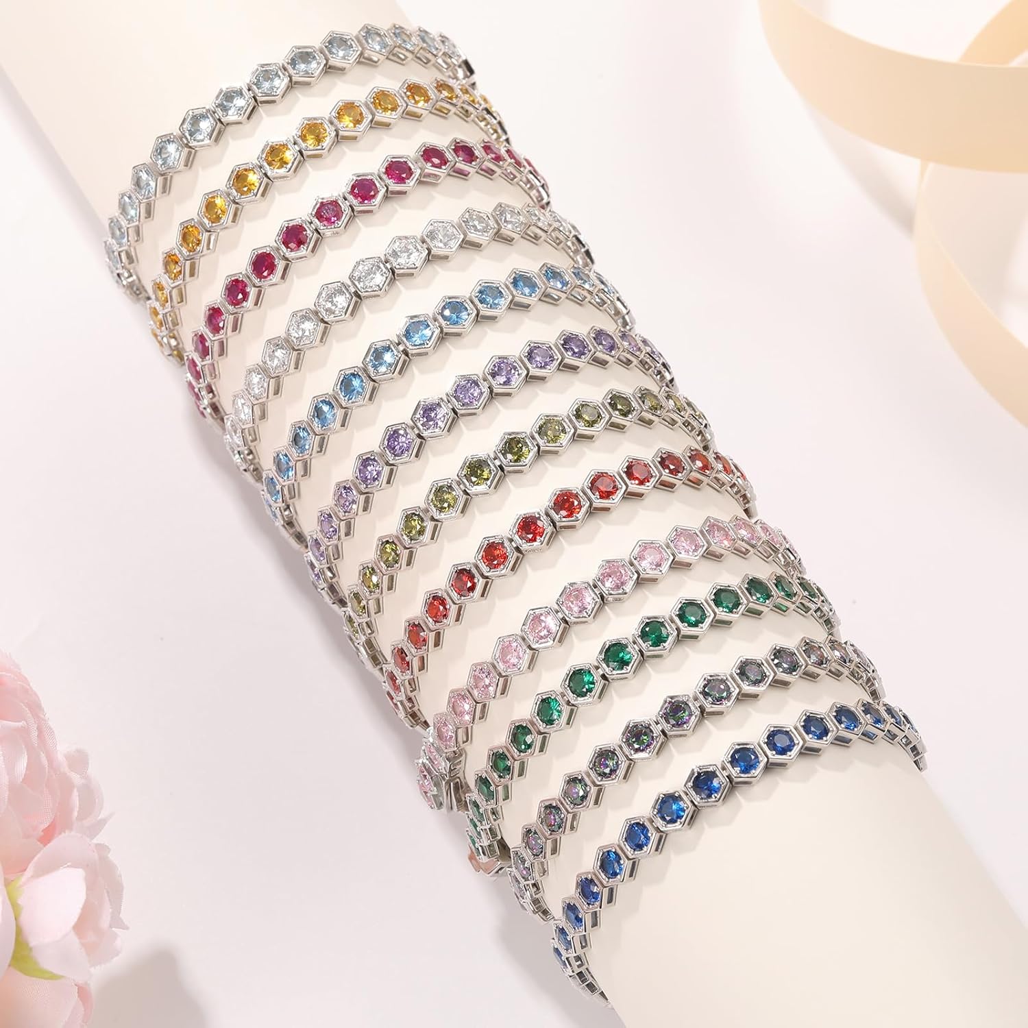 Birthstone Tennis Bracelets for Women Birthday Gifts 925 Sterling Silver Hexagon White Gold Bracelets Round Cut 5A Cubic Zirconia Prong Setting 7 Inch Anniversary Jewelry Gift - Image 7