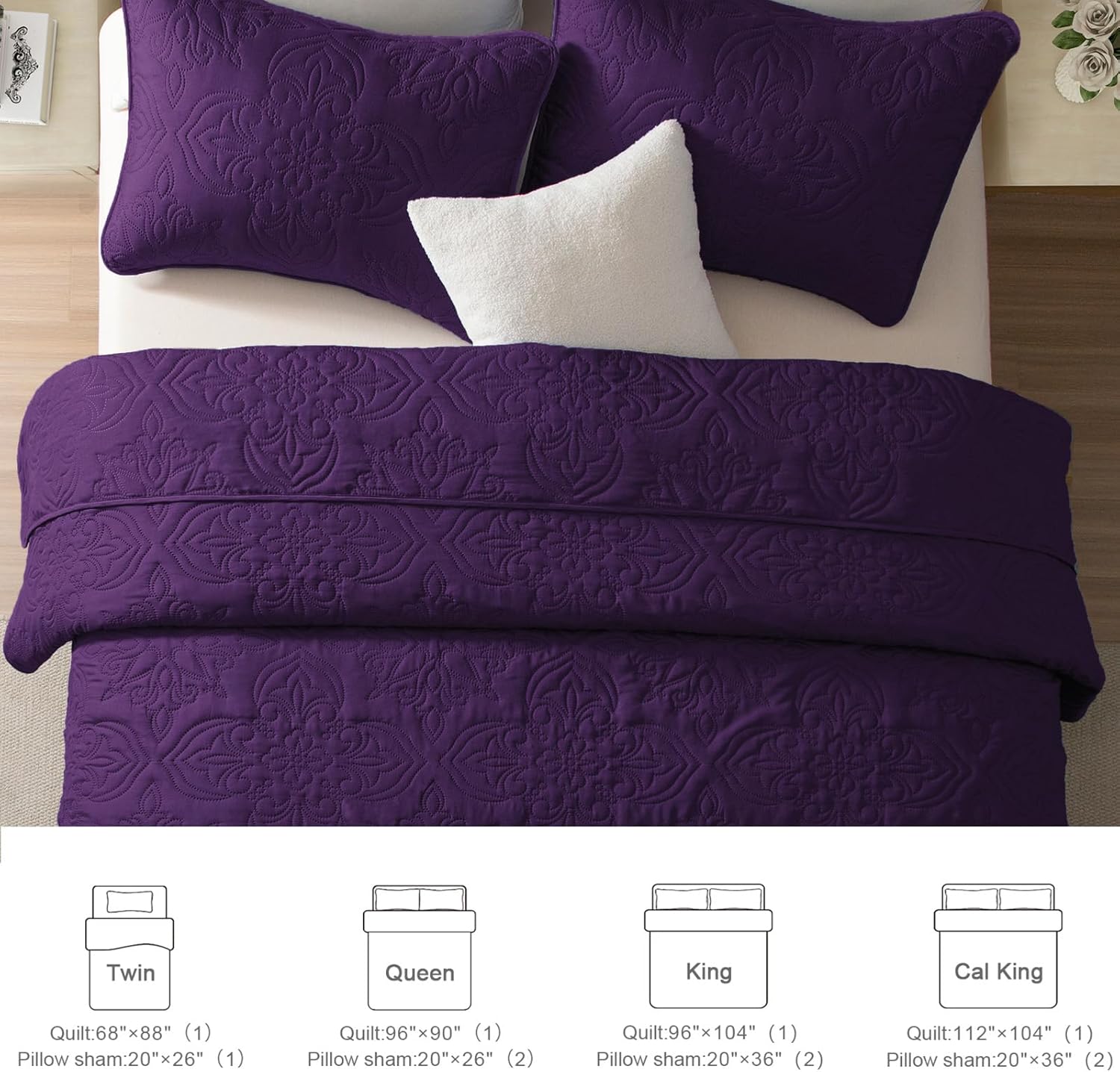 Whale Flotilla Soft King Quilt Bedding Set for All Seasons, Elegant Vintage Damask Ultrasonic Quilts Set, Lightweight Reversible Bedspread, Coverlet, Bed Cover with 2 Pillow Shams, Purple - Image 6