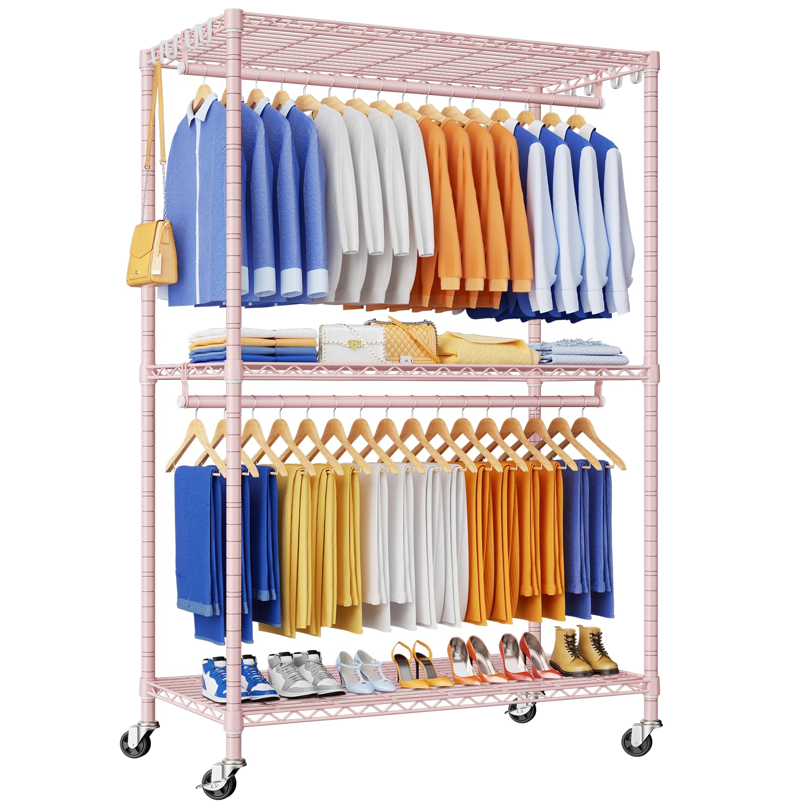 P8 Heavy Duty Clothes Rack With Extended Width Design Rolling Clothing Racks for Hanging Clothes Portable Garment Rack