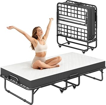 75" x 39" Folding Bed, Twin Rollaway Bed for Adults, Portable Foldable Bed Frame with 5" Memory Foam Mattress, Guest Bed for Bedroom, Office, Camp, Space-Saving, Capacity 500lbs