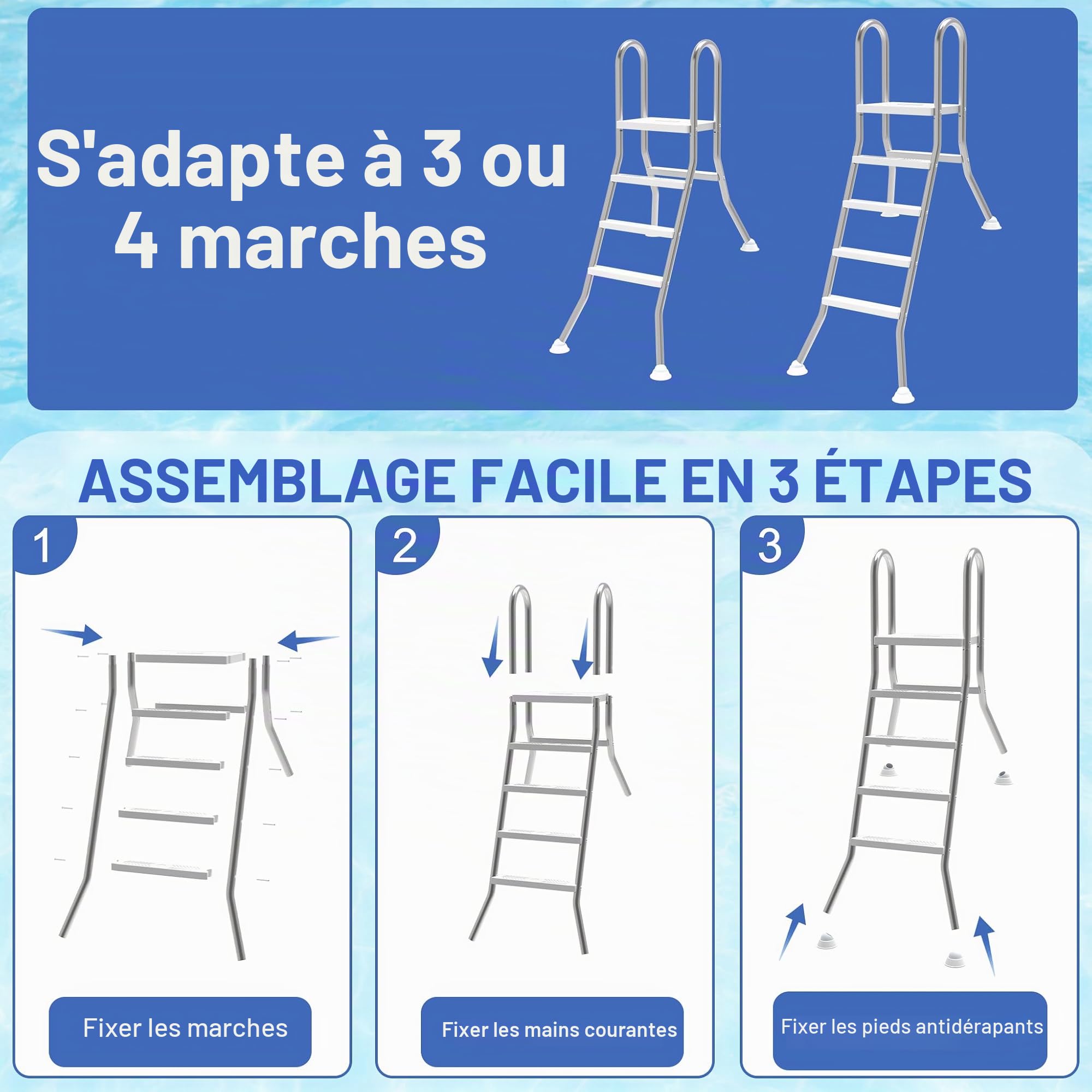 Échelles de piscine en acier inoxydable 3+1 marches, échelle de piscine avec main courante de sécurité, marches en plastique antidérapantes et pied de support à rotule sphérique, échelle haute
