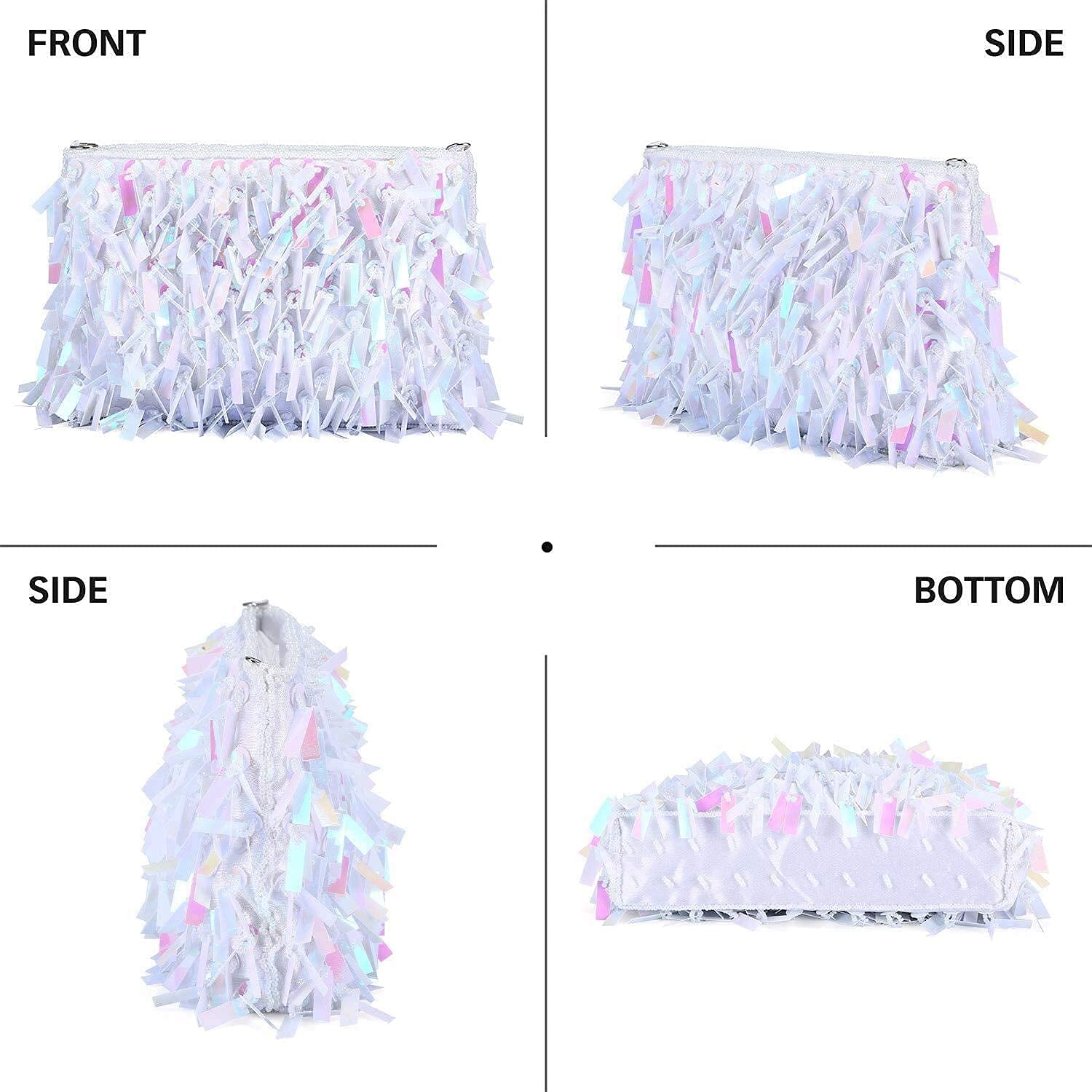 RajoNN Damen-Abendhandtaschen, Clutch-Tasche, Damen-Pailletten-Umhängetasche, kleine Umhängetasche, Kettentasche, Hochzeit, Party, Disco (Silber) (weiß)