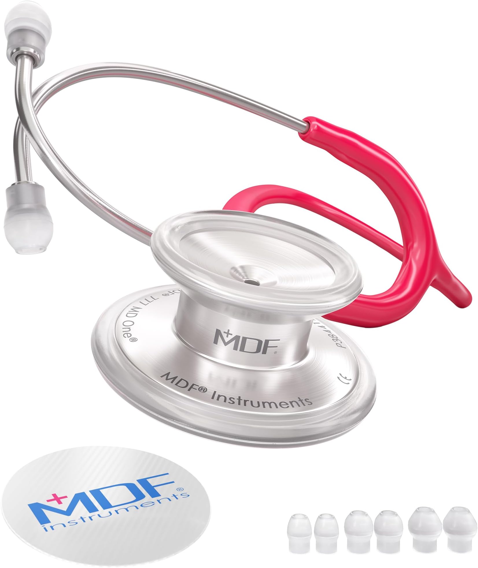 MD One Stainless Steel Stethoscope, Adult, Raspberry Tube, Silver Chestpieces-Headset, MDF77723