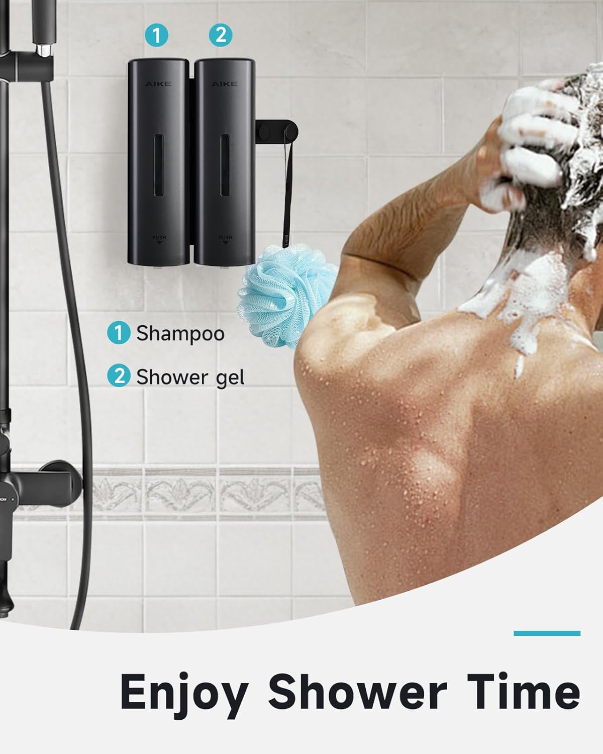 AIKE 2 Chambers Shower Shampoo and Conditioner Dispenser 2 x 11.8 fl.oz. for Bathroom(Dark Silver)