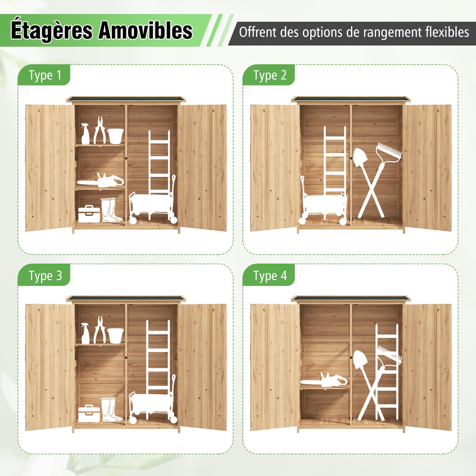RELAX4LIFE - Caseta de jardín de madera, 127 x 47 x 163 cm, cabaña de jardín con techo de asfalto inclinado, estantes desmontables, doble puerta con cerradura para exterior trasero, patio trasero