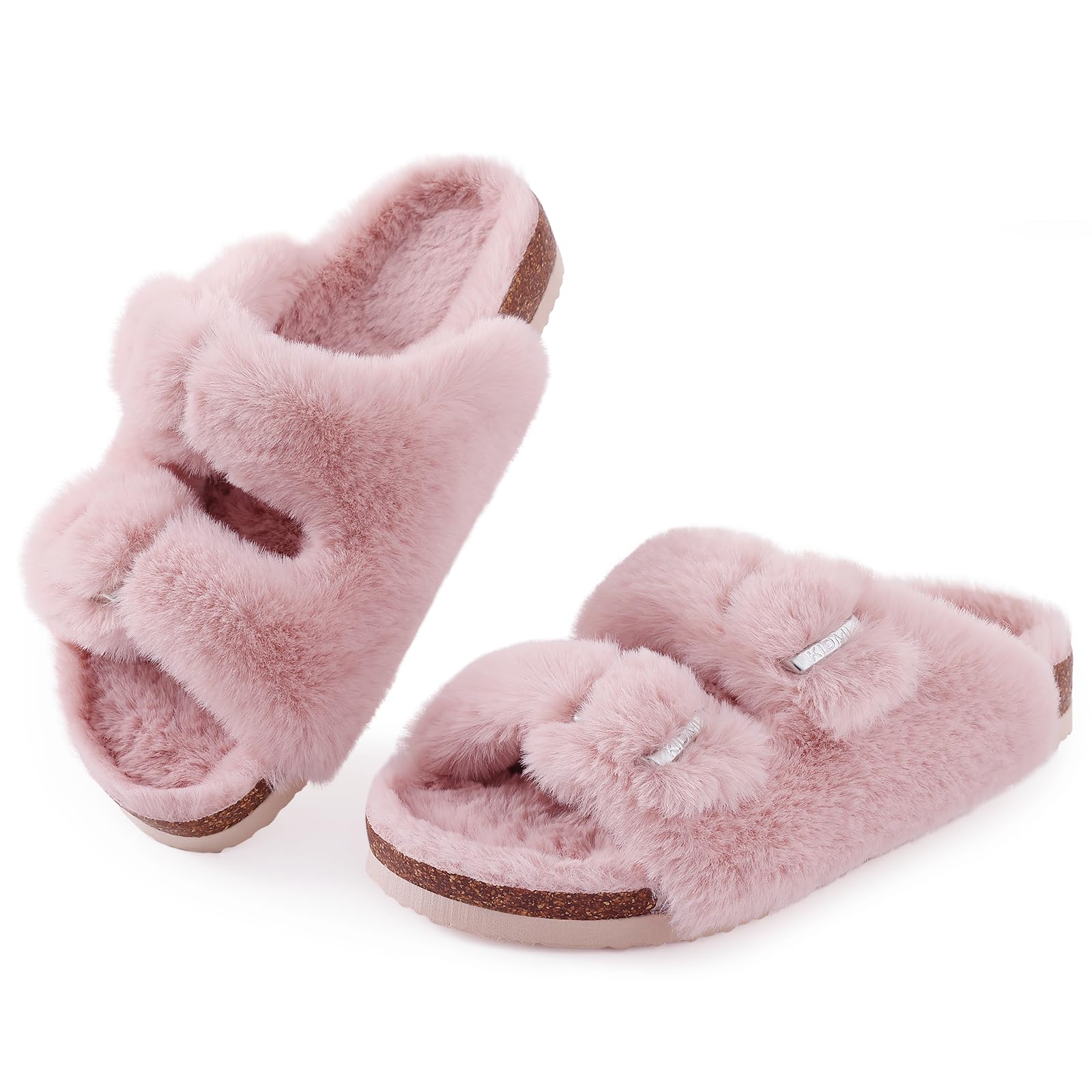 KIDMI Fuzzy Slippers Women with Cork Footbed Fluffy Slides Open Toe Indoor House Shoes | Arch Support | Adjustable Buckles