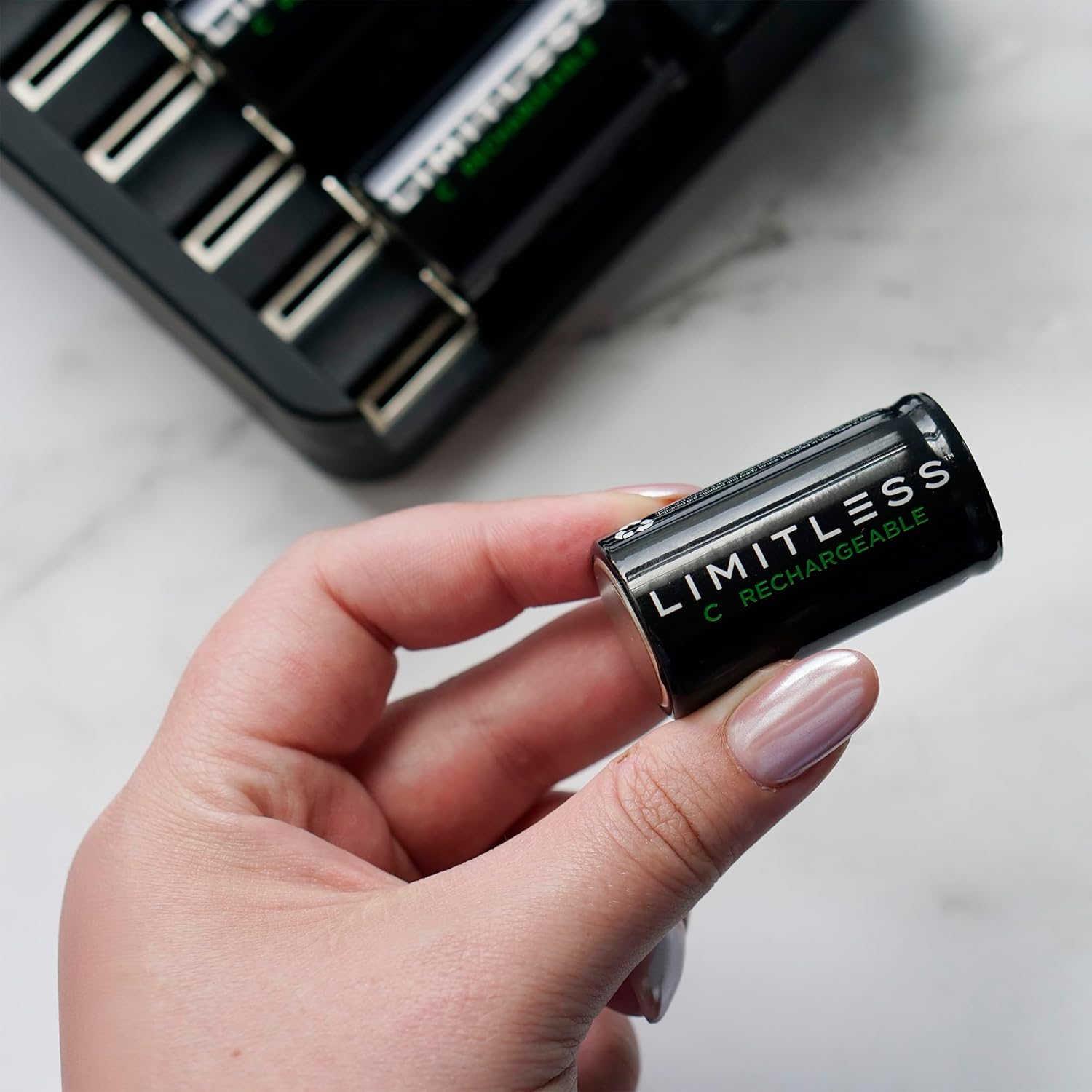 Limitless Rechargeable C Batteries 4-Pack with Charger, Universal 5000mAh NiMH High-Capacity Batteries and 4 Bay Battery Charging System (C)