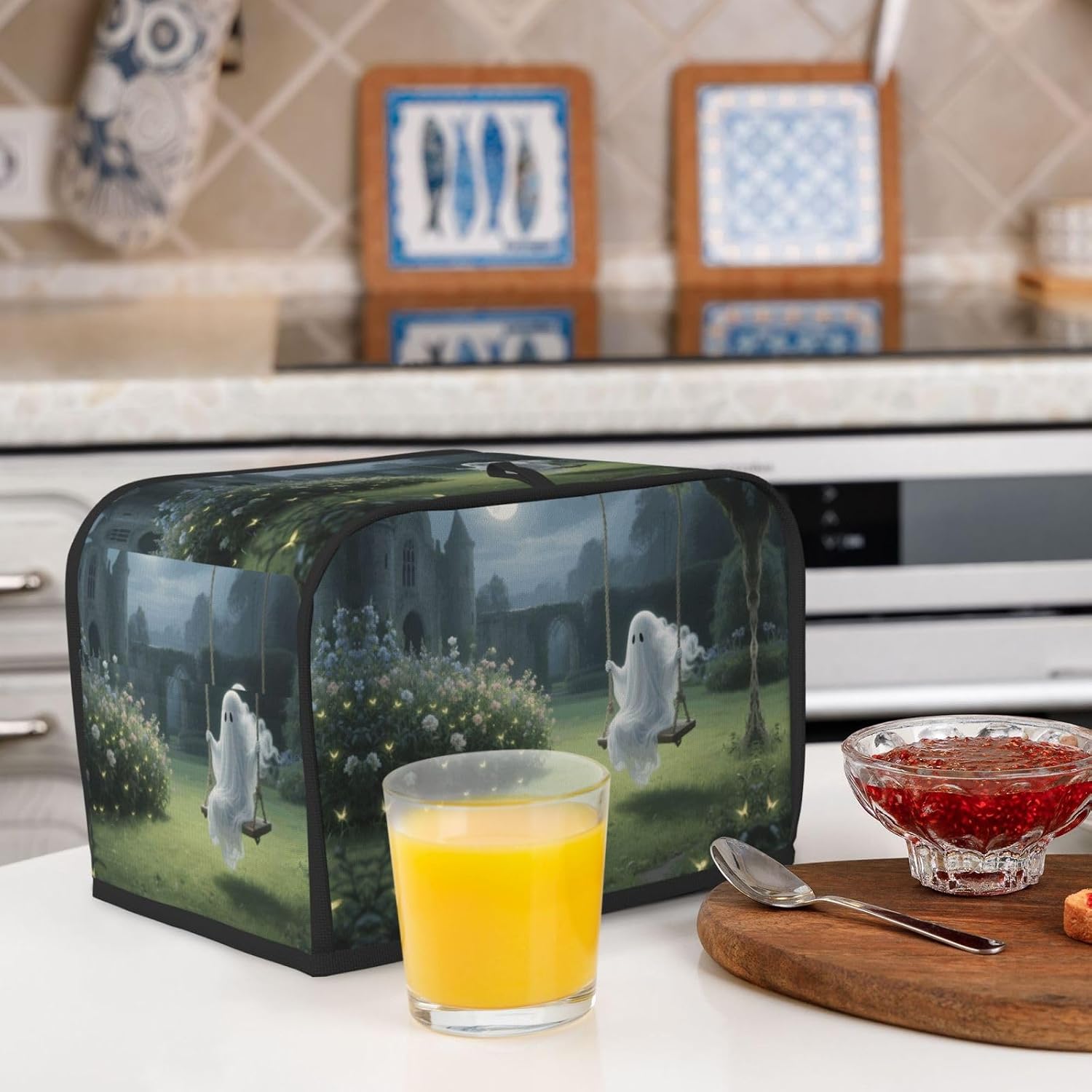 Soft Halloween Ghos Toaster Cover 2 Slice, Waterproof Bread Machine Covers with Pockets Universal Size Kitchen Small Appliance Cover with Handle, Dust and Fingerprint Protection