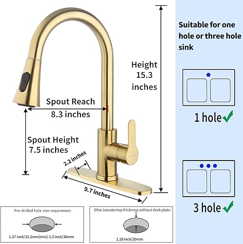 Miniatura 3 de Grifo de cocina dorado con rociador extraíble, moderno de acero inoxidable de arco alto de una sola manija, grifo de fregadero de cocina dorado