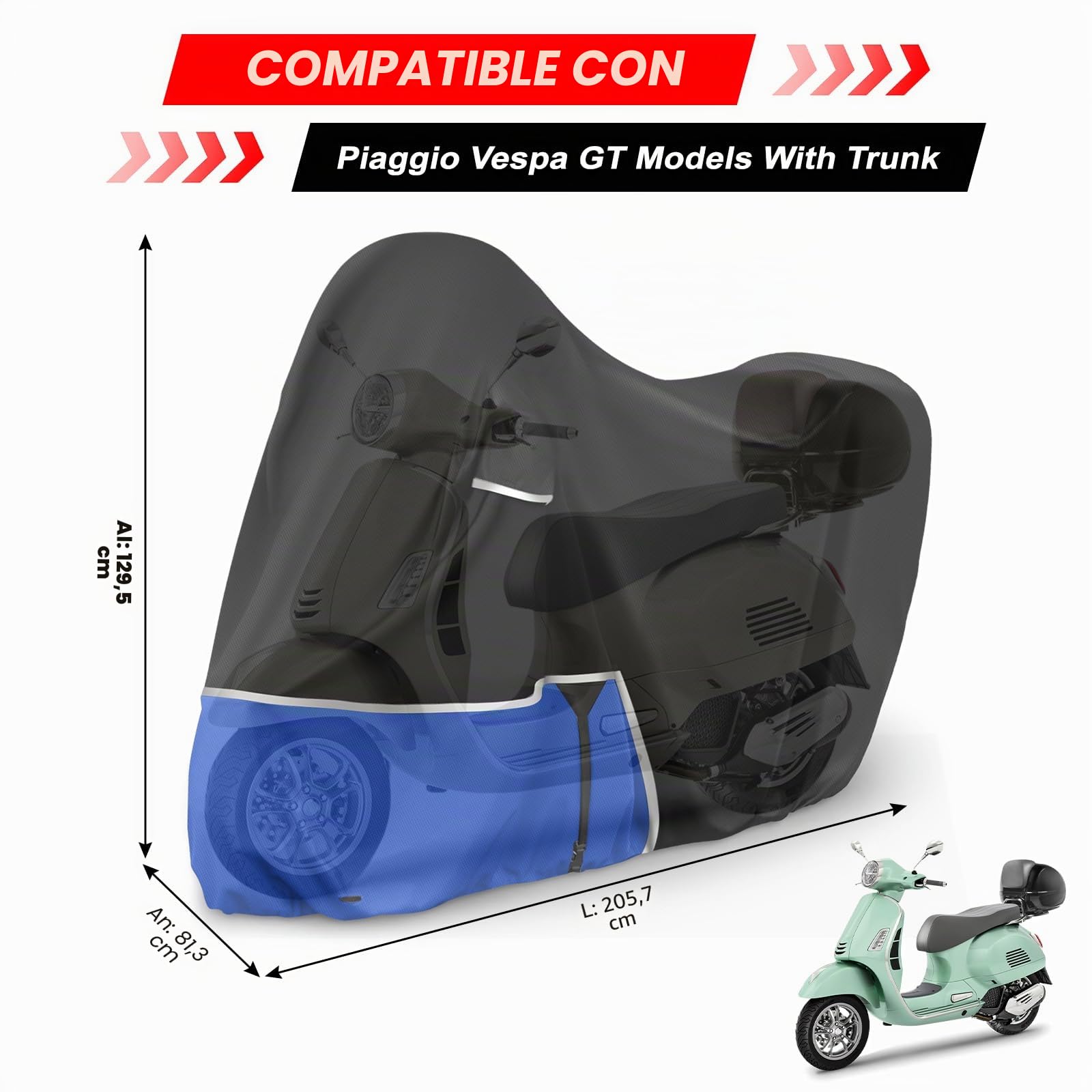 Funda para Moto para Piaggio Vespa GTV GTS GT60/125/200/250/300 | (con Maletero), Tela Oxford 420D Funda Moto Exterior Impermeable Funda Vespa 200 Vespa 125, Negro y Azul