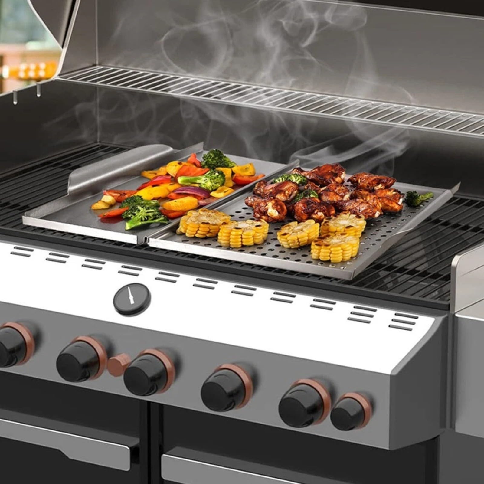 Bandeja de parrilla de acero inoxidable 2 en 1, bandeja perforada para hornear barbacoa para pescado y verduras, 30,7 x 45 cm (plato asado)