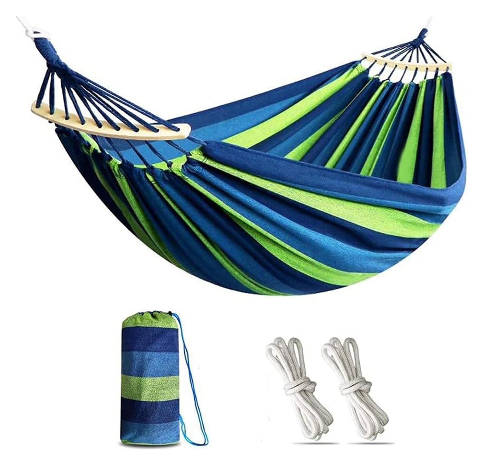 Hamac Portable, hamac de Camping, hamac de Jardin en Coton avec Barre en Bois incurvée Hamac Portable Confortable avec Sac de Voyage Compact for Patio intérieur/extérieur(Blue,240 * 100cm)