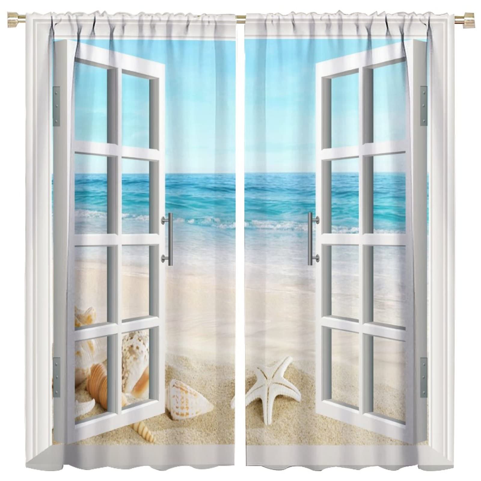 JESTRONRY Ocean Beach Window Curtains,Tropical Summer Starfish Seashell Blackout Rod Pocket Window Door Curtains for Bedroom Living Room Bathroom Home