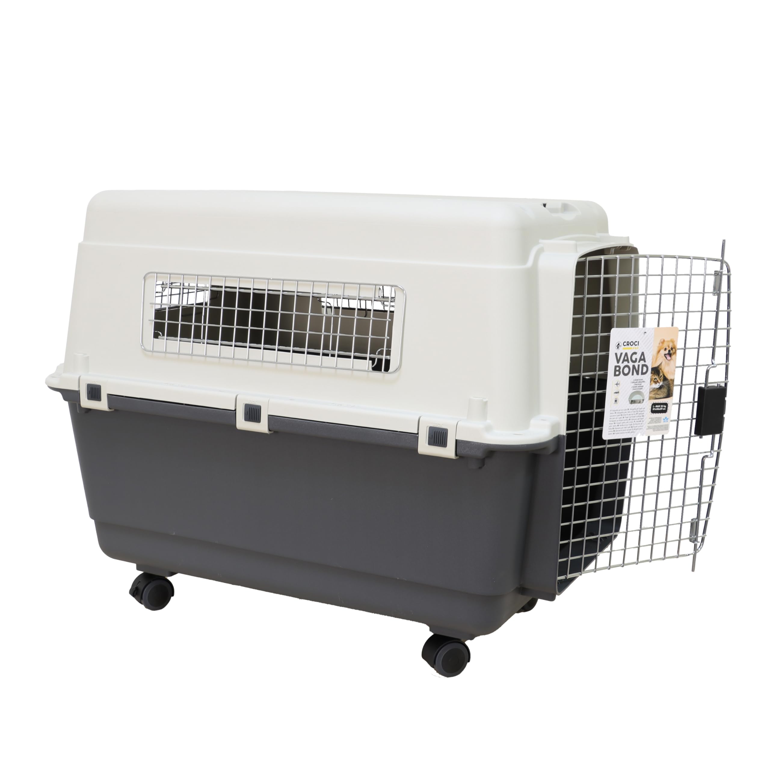 Croci Vagabond Dog Carrier for Small Medium Large Dogs and Cats Rigid Car Carrier with Wheels 2 Feeders Included Maximum Load 23 kg 81 x 56 x 59 cm