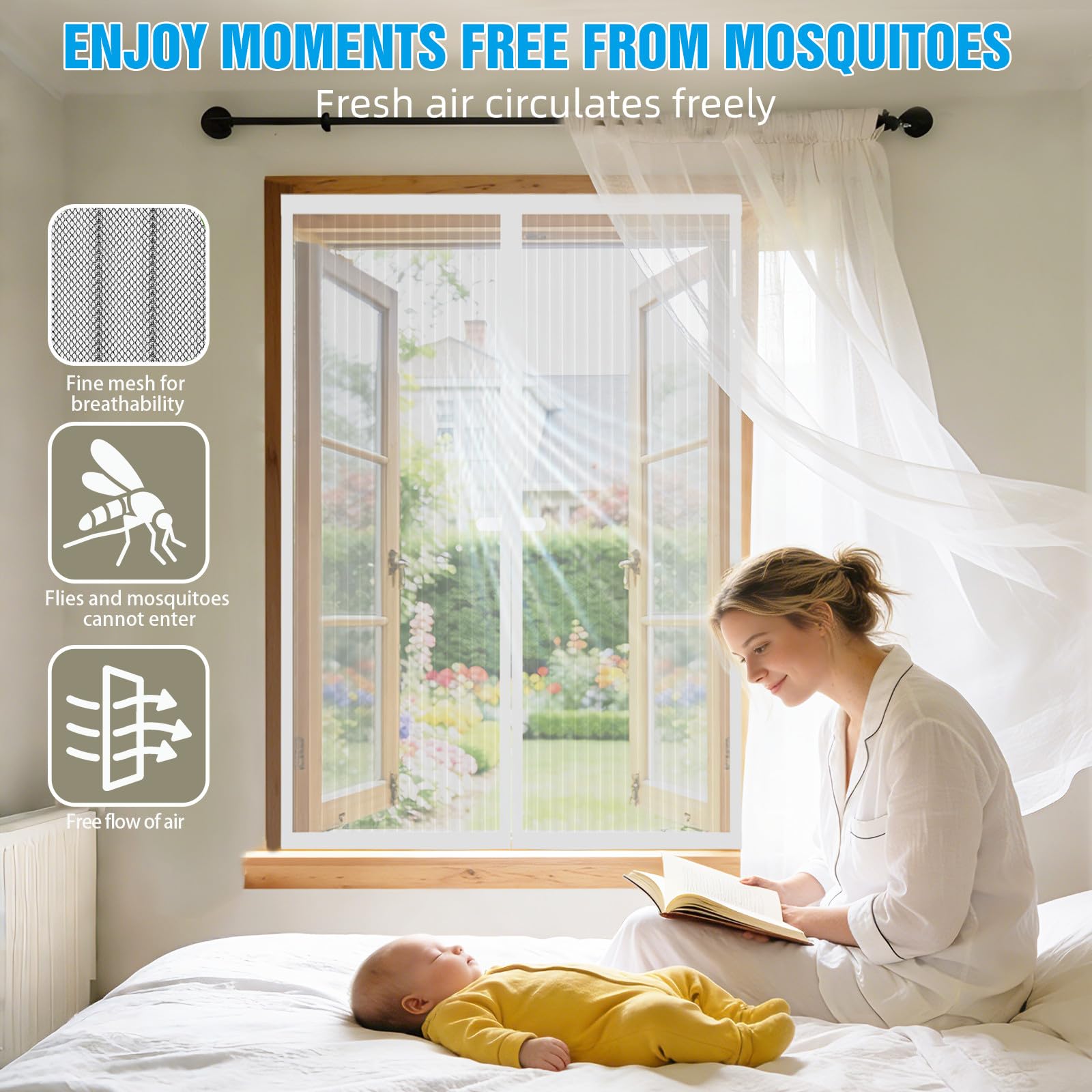 Mosquitera Ventana Magnetica 90x110 cm Blanco, Malla Ultrafina Anti-insectos Sin Taladrar, Cierre Automático con Imanes Fuertes, Adaptable a la Mayoría de Ventanas, Instalación Rápida y Fácil
