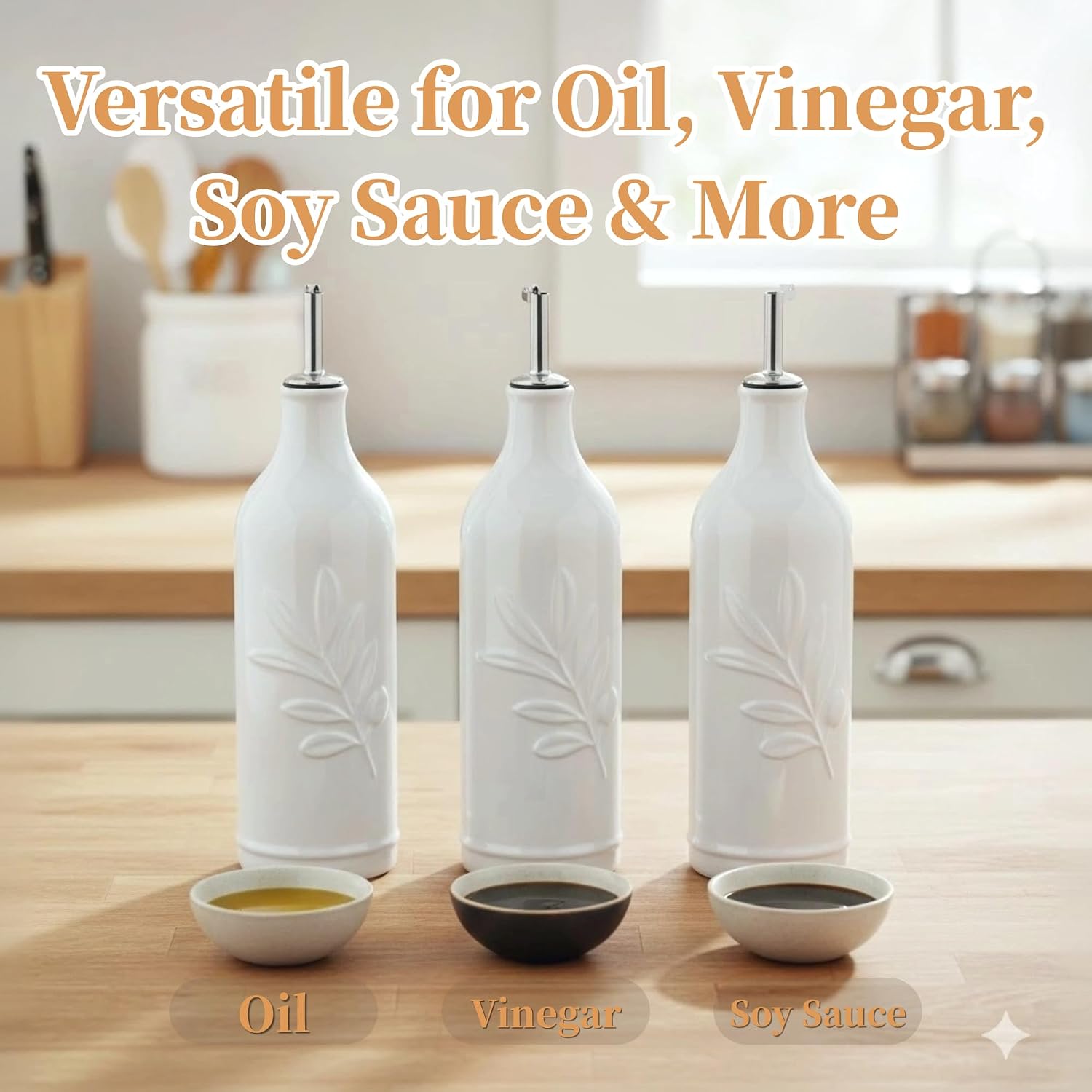 Olive Oil Dispenser Bottle, 17 oz Ceramic Cruet with Stainless Steel Spout - Opaque Kitchen Oil & Vinegar Bottle for EVOO, Pack of 1(DB-01)