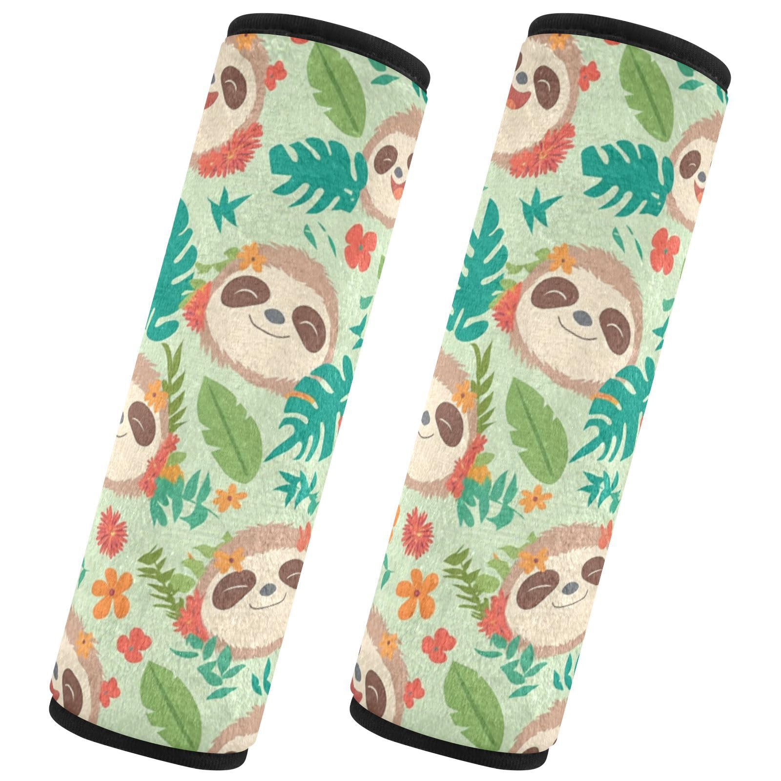 Seat Belt Covers 2 Pack Cute Sloth Car Seat Strap Covers Super Soft Tropical Leaves Flowers Car Seat Neck Cover for Boys Girls Adults Babies M
