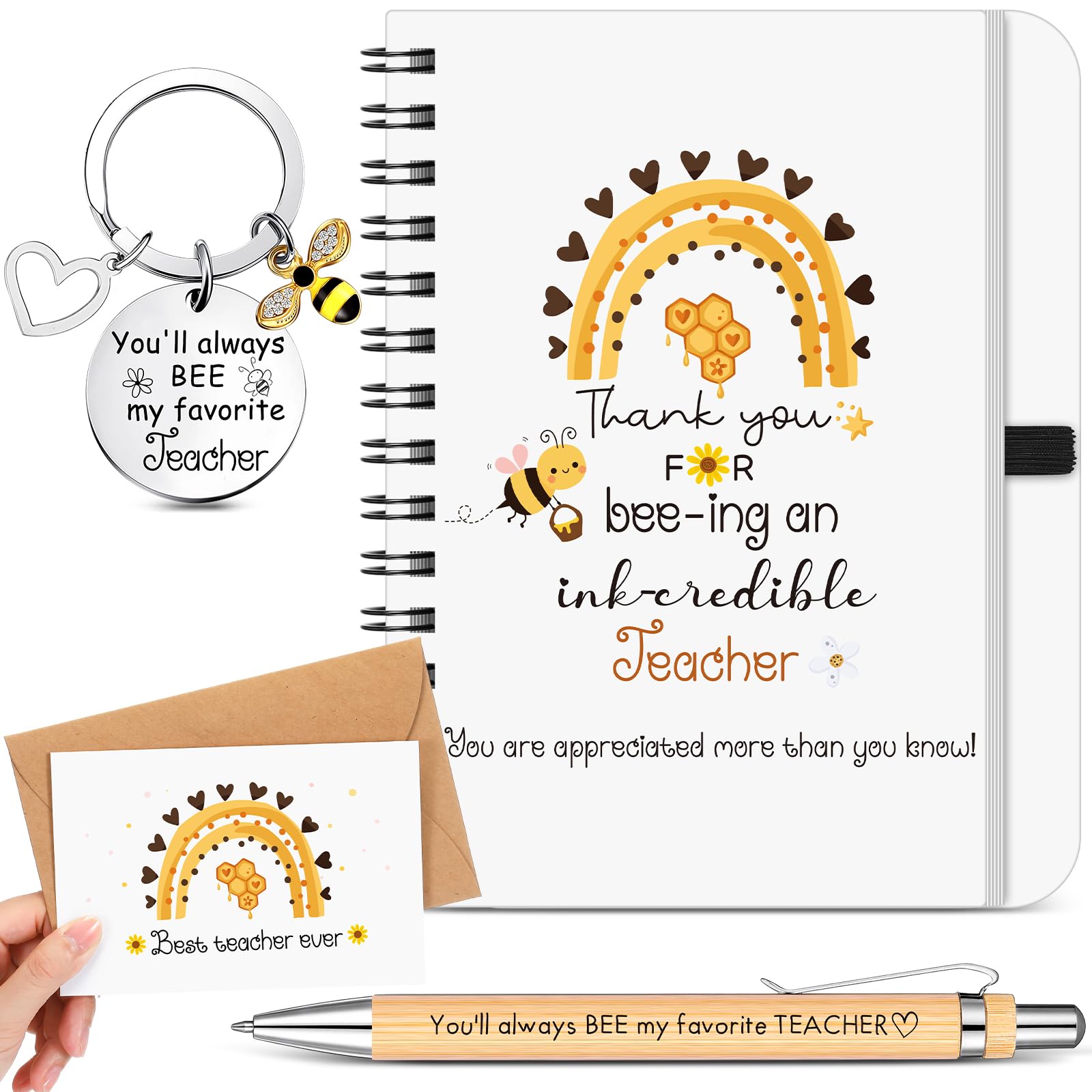 Sinmoe Teacher Appreciation Gifts Set Includes Lined Blank Page Notebook Teacher Keychain Ballpoint Pen Cute Bee Greeting Card with Envelope for Women Men Thank You Gifts Graduation Christmas