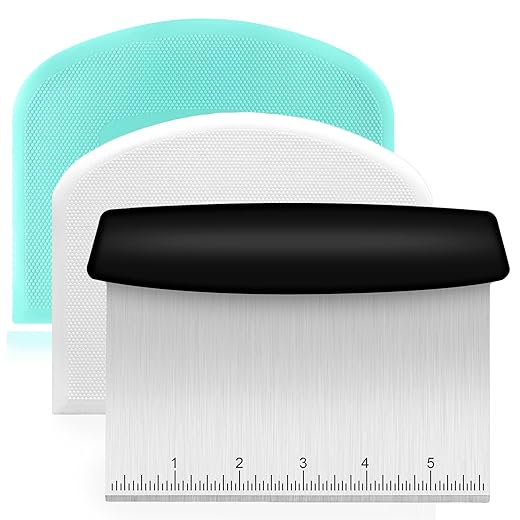 Ecavria Bench Scraper, Premium Stainless Steel Dough Scraper with 2 PCS Flexible Bowl Scraper, Dough Cutter with Measuring Scale, Versatile Kitchen Scraper Set for Pastry Bread Pizza Cake
