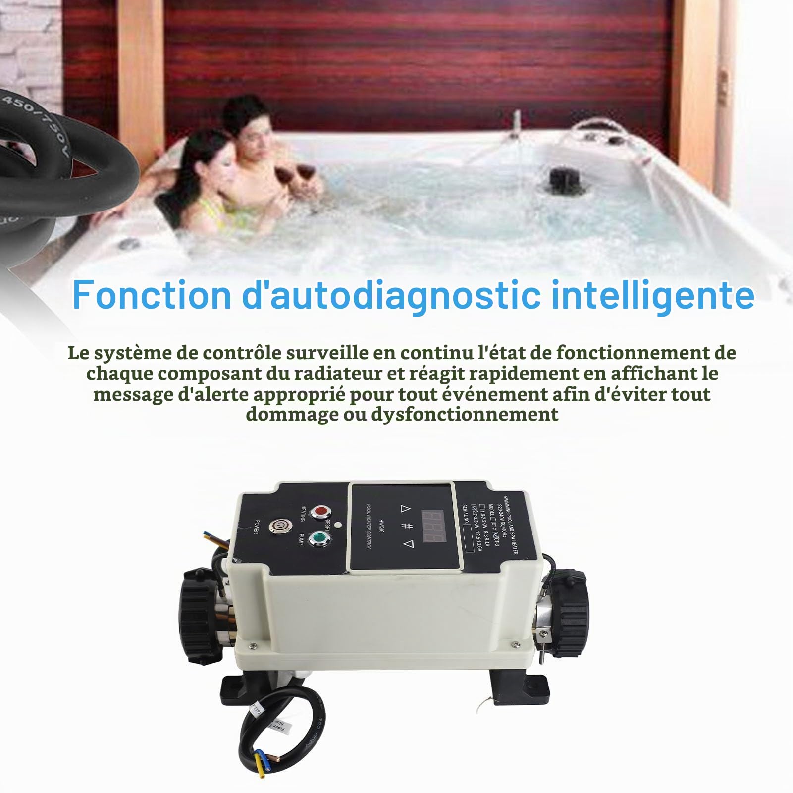 SEAFRONT Chauffe-Eau Électrique pour Piscine et Spa 3.3KW - Thermostat Numérique Intelligent, Autodiagnostic, IP44, Acier Inoxydable - Compatible/Baignoire