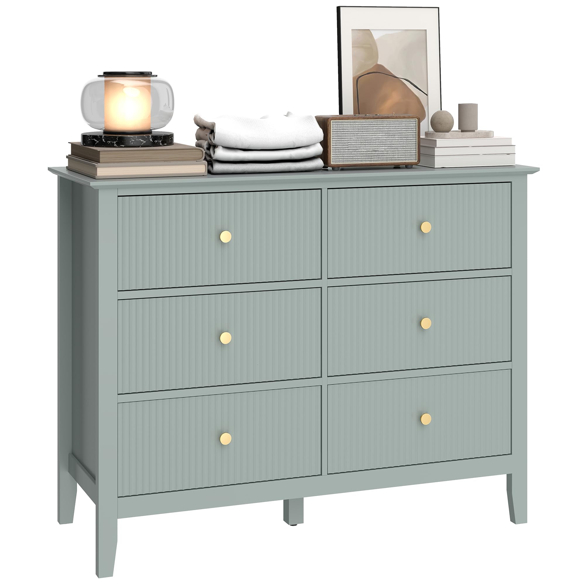 HOMCOM 6 Drawer Chest of Drawers, Fluted Dresser, Wide Modern Storage Unit for Bedroom, Living Room, Hallway, Wardrobe, Green