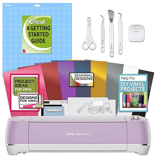 Cricut Explore Air 2 Lilac Machine Bundle - Beginner Guide, Tool Kit, Vinyl Pack, Designs & Project Inspiration