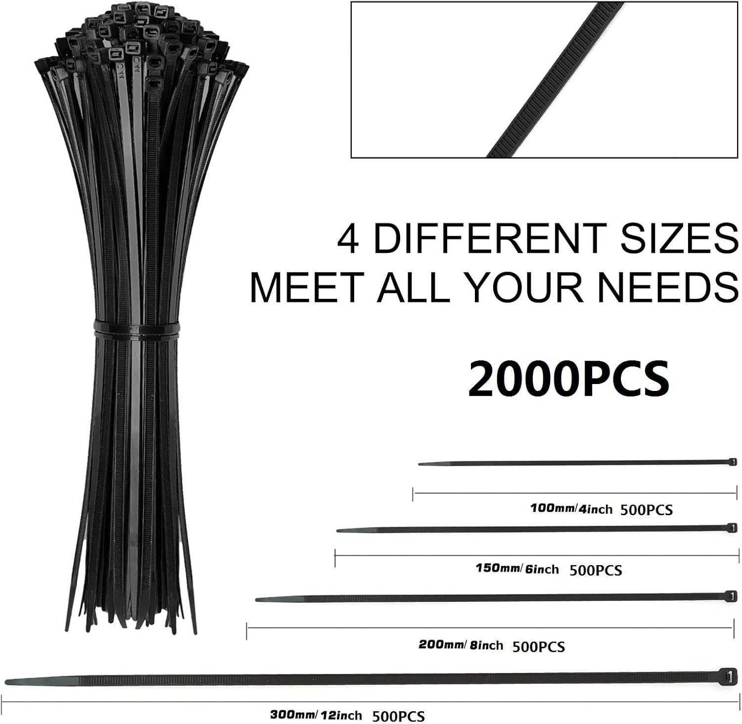 Zip Ties Assorted Sizes(4”+6”+8”+12”), 2000 Pack,Black Cable Ties,Multi-Purpose Self-Locking Nylon Cable Cord Management,Plastic Wire Ties for indoor and outdoor use.