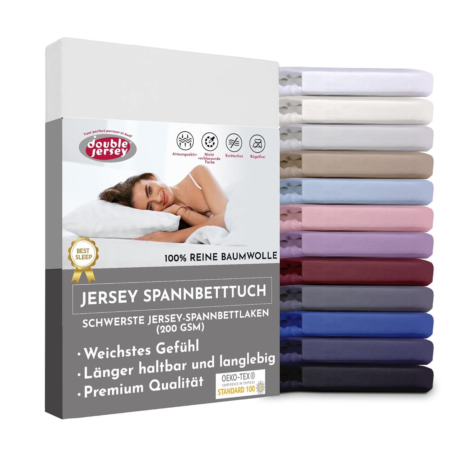 Double Jersey Premium Spannbettlaken 100% Baumwolle Jersey Bettlaken Oeko-Tex 100 Markenqualität – Spannbetttuch für 32 cm Matratzenhöhe – 100 x…