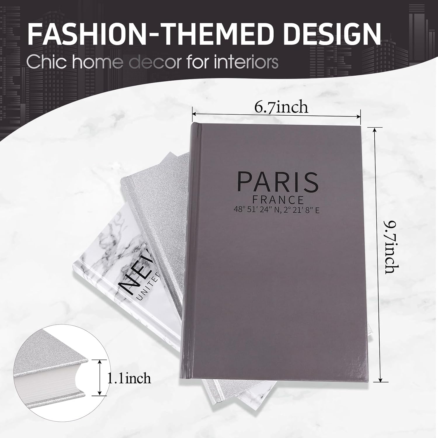 Set of 3 Decorative Books for Home Decor-Silver Foil Stamping Decor Books,Fashion Designer Books for Coffee Tables and Book Shelf Decoration