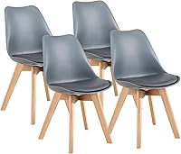 Vista 10 de LSSBOUGHT Sillas de comedor de estilo moderno, silla de plástico Shell Lounge con asiento acolchado suave y patas de madera maciza, juego de 4 Negro
