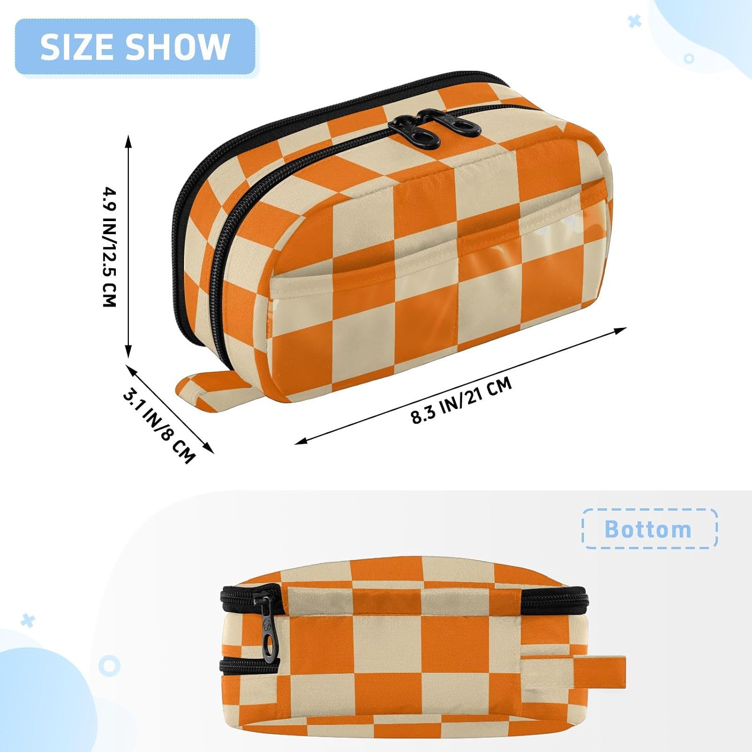 ALAZA Orange Yellow Checked Pattern Large Capacity Pencil Case, Aesthetic Stationery Organizer Bag with Clear PVC Window, High Capacity Pen Pouch with Dividers for School Office Travel image 3