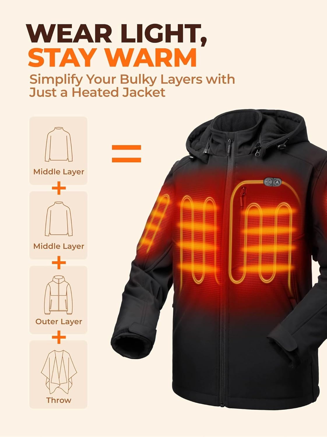 ORORO Men's 5 Heat Zones Dual Control Heated Jacket, Heated Coat with USB-C Rechargeable Battery - Image 6